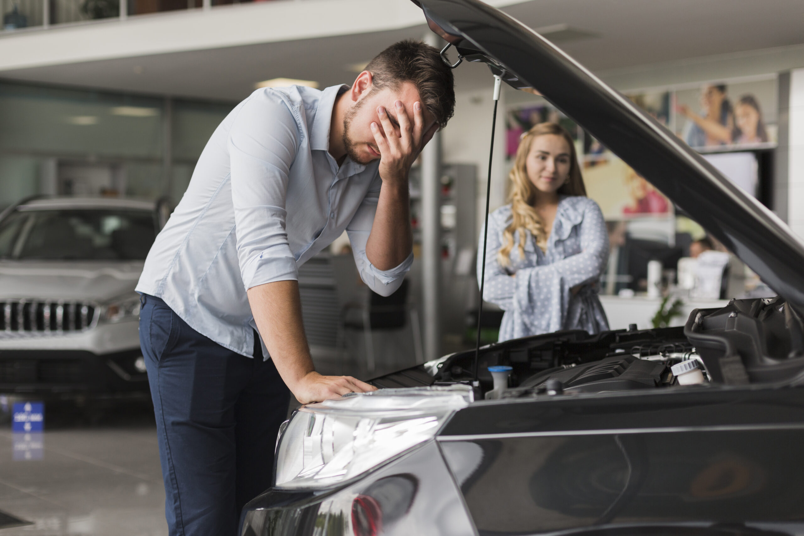 upset man inspecting car engine