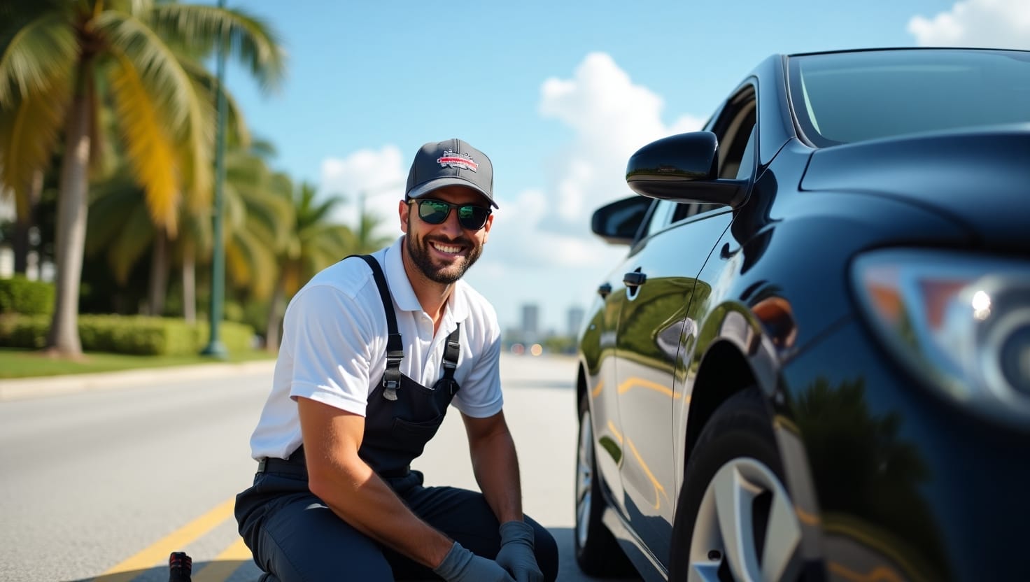 A professional mobile mechanic working on a car outdoors in sunny Fort Lauderdale, with palm trees and city skyline in the background, showcasing convenience and reliability.