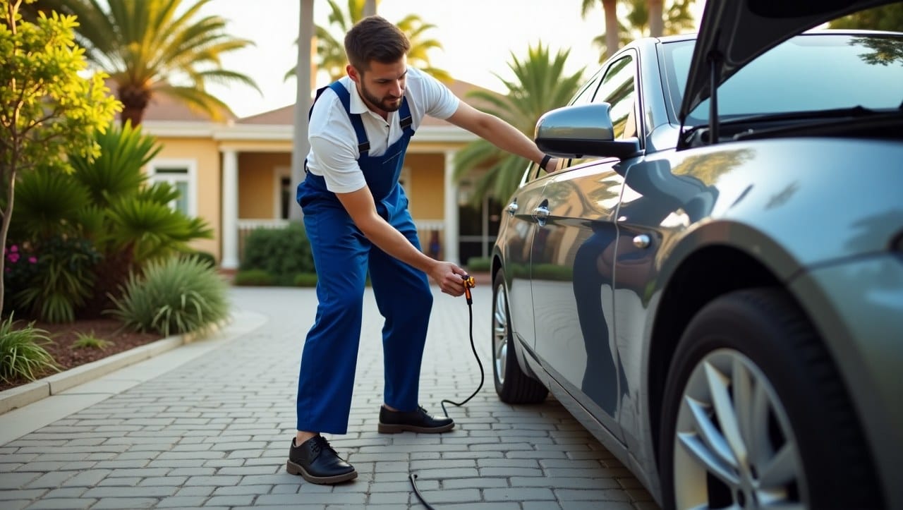 A professional mobile mechanic working on a car in a sunny Fort Lauderdale driveway.